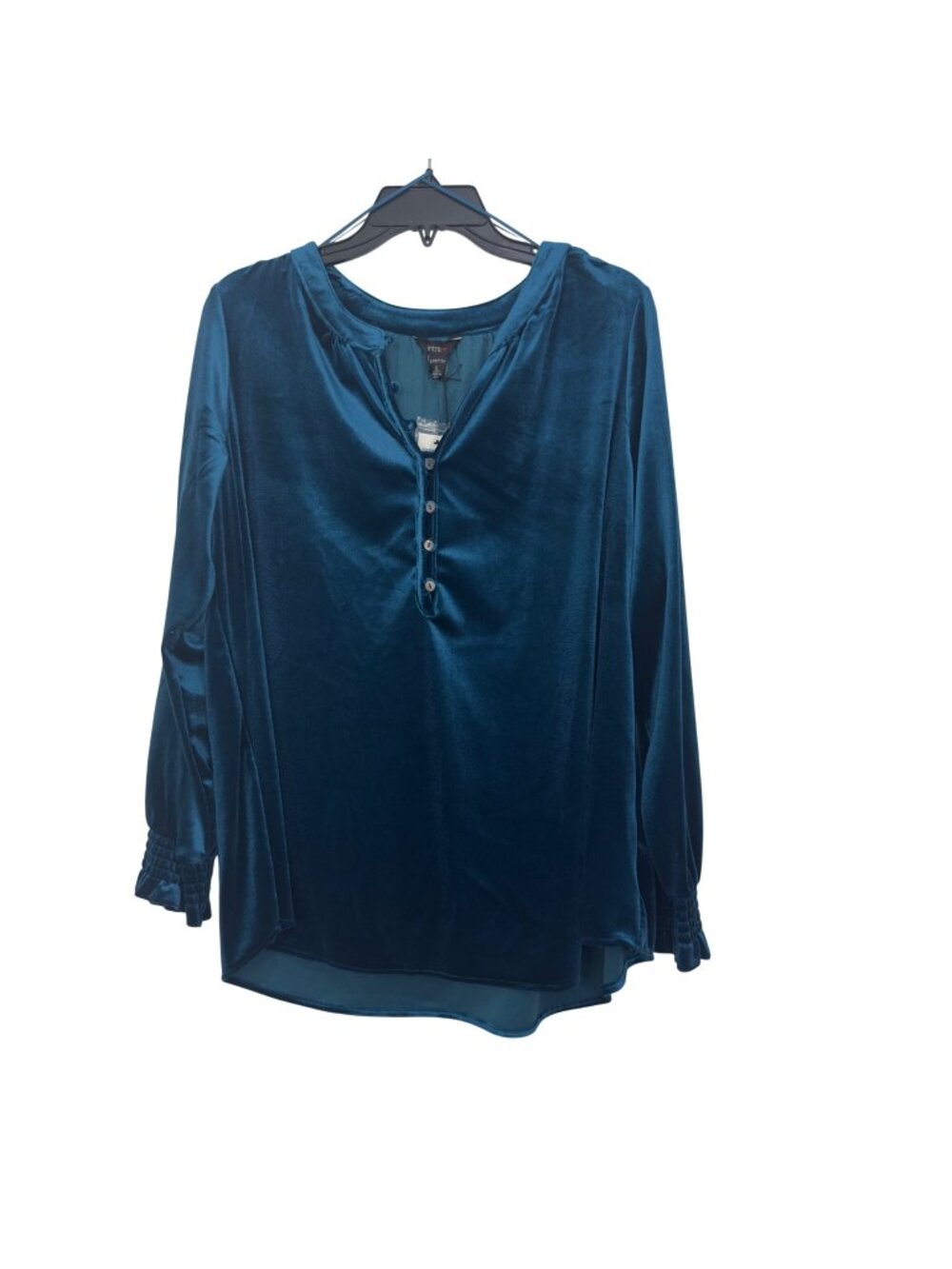 Intro Womens Long Sleeve Stretch Velvet Blouse Half Button Neck Teal Size Large